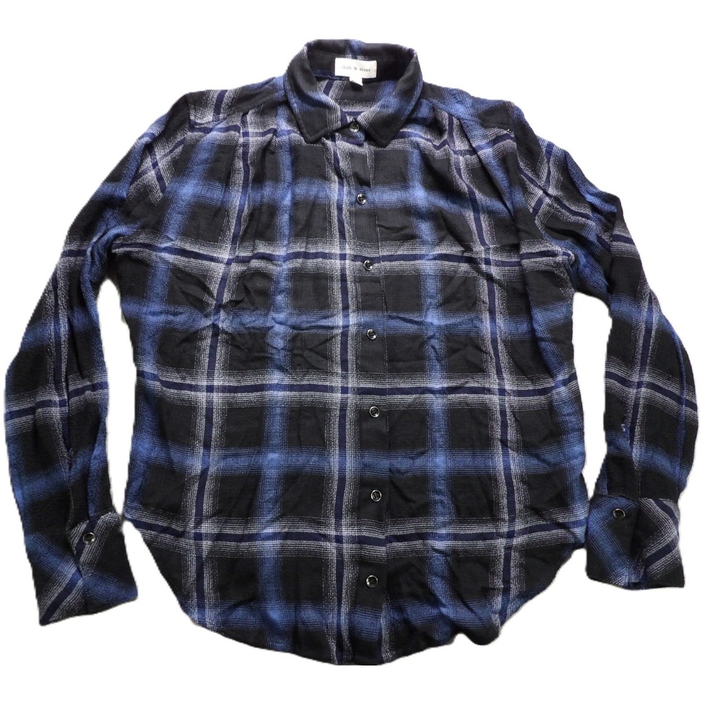 Cloth & Stone Shirt Medium M LS Women Plaid Blue Black Rayon Flannel Button Down